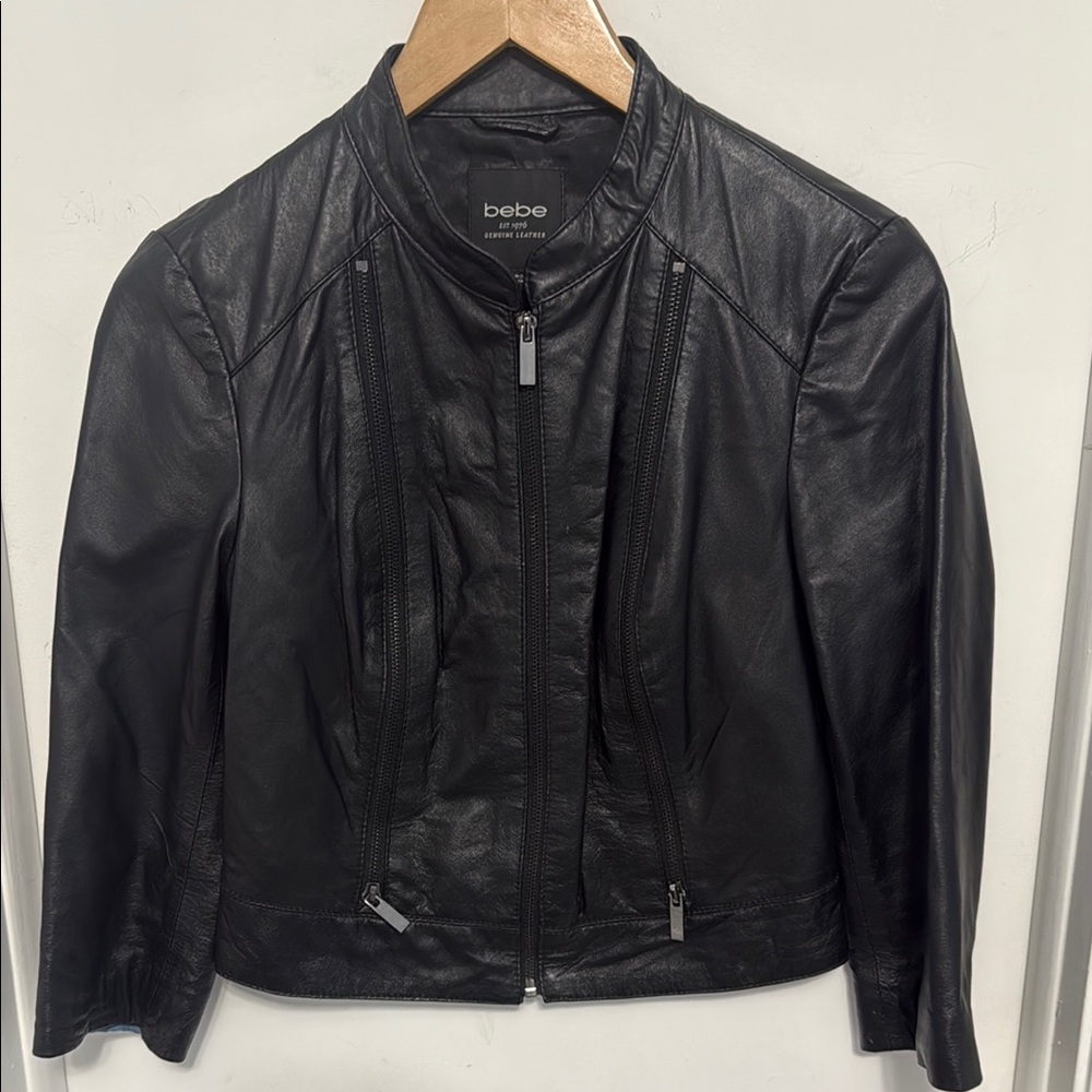 Bebe Black Leather Zip-Front Jacket